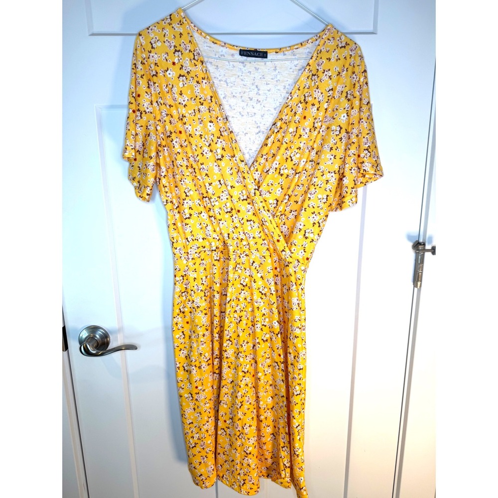 Fensace Yellow Floral Faux Wrap Mini Dress Short Flutter Sleeve V-Neck Medium - Picture 2 of 9